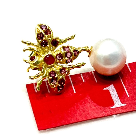 Genuine Ruby Pearl Drop Earrings - Picture 5 of 6